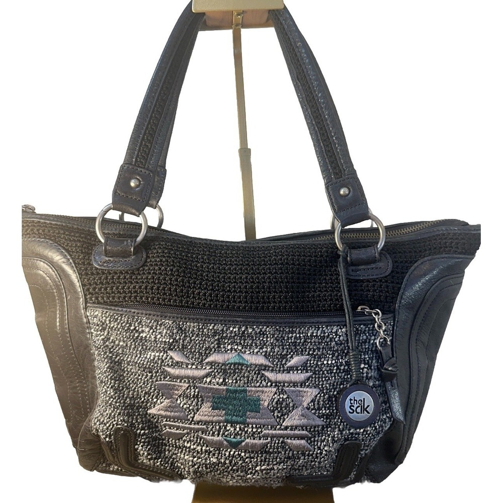 THE SAK CASUAL CLASSICS BLACK LEATHER CROCHET HANDBAG Purse